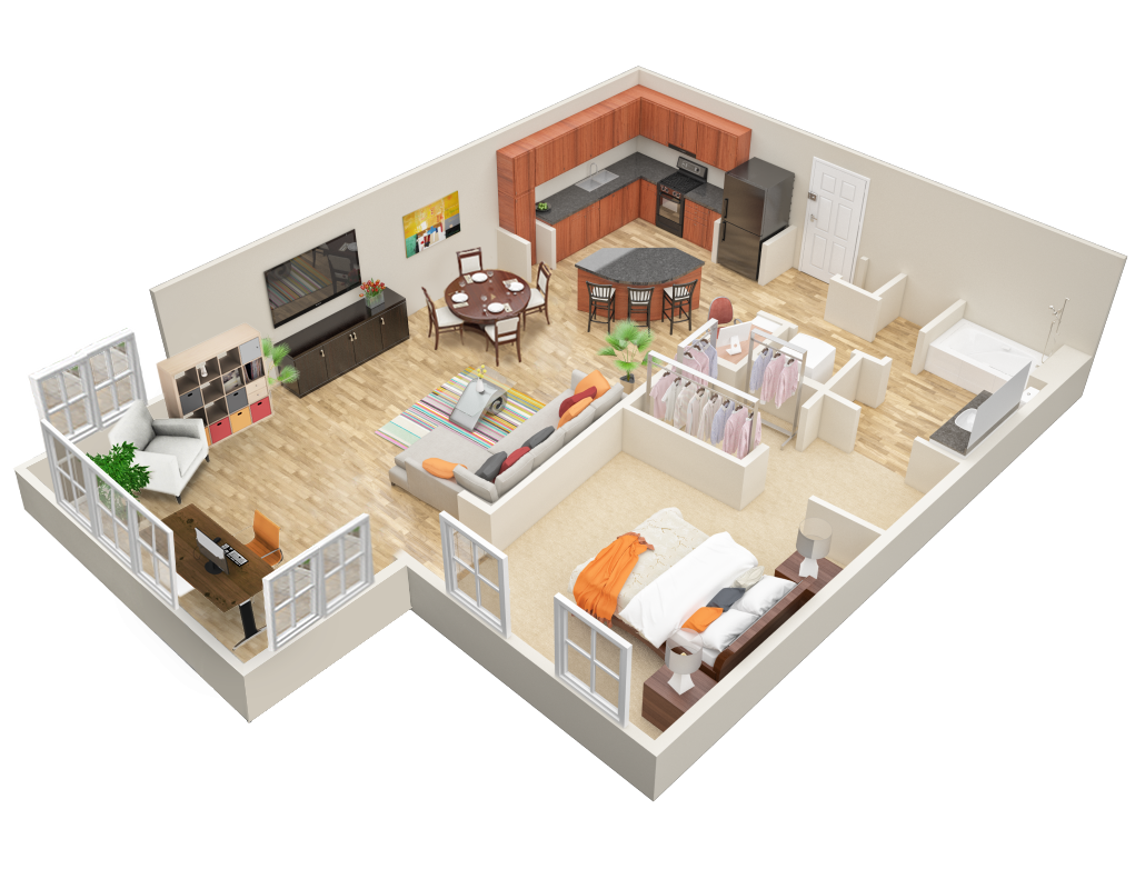 Floor plan for 1 bed, 1 bath, 966 sqft